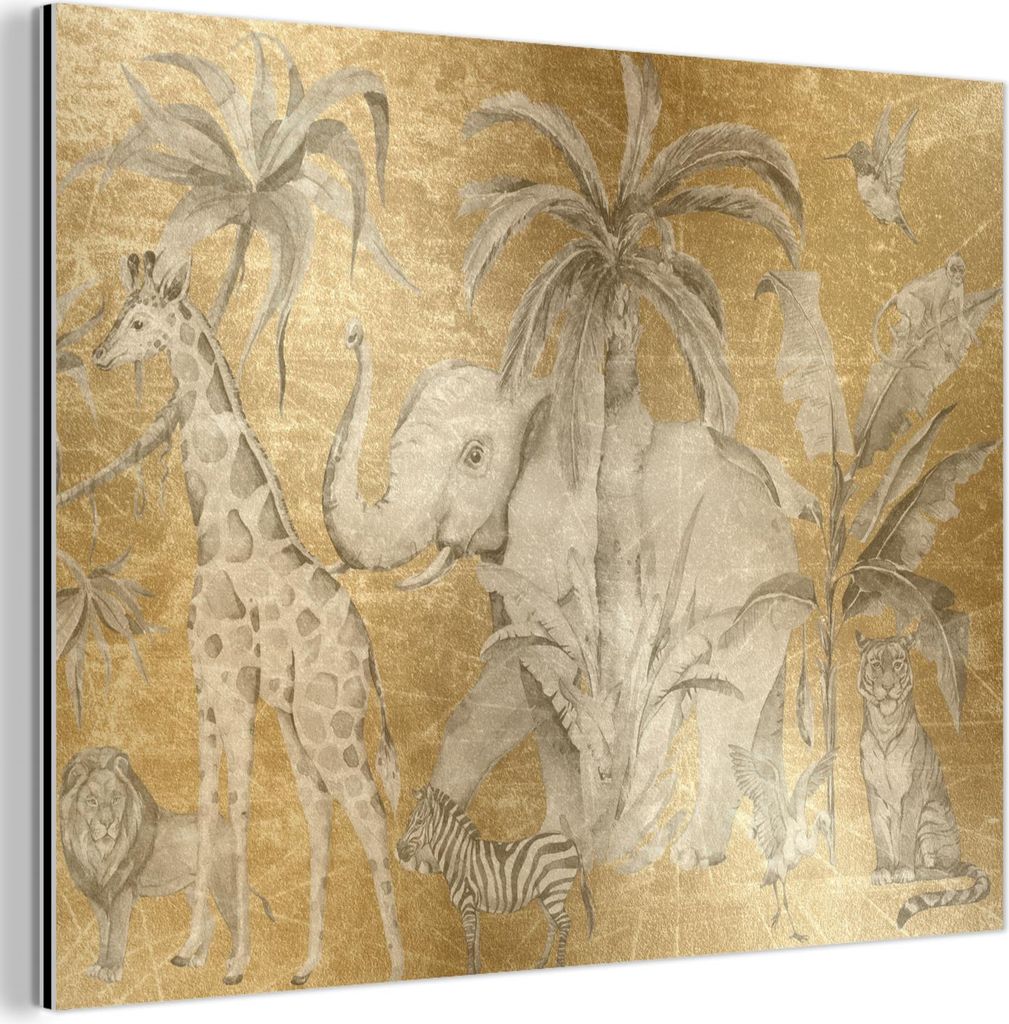 MuchoWow Wanddekoration Metall Metallbild Wandkunst 80x60 cm Dschungel - Kinder - Gold - Tiere MuchoWow Aluminium Gemälde - Alubild