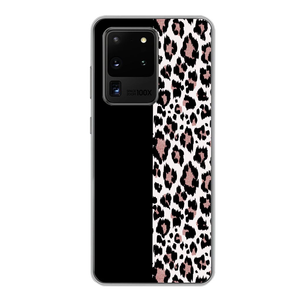 MuchoWow Handyhülle Schutzhülle Hülle für Samsung Galaxy S20 Ultra Tiermuster - Panther - Rosa Silikon Softcase Handy Hülle - Karteninhaber