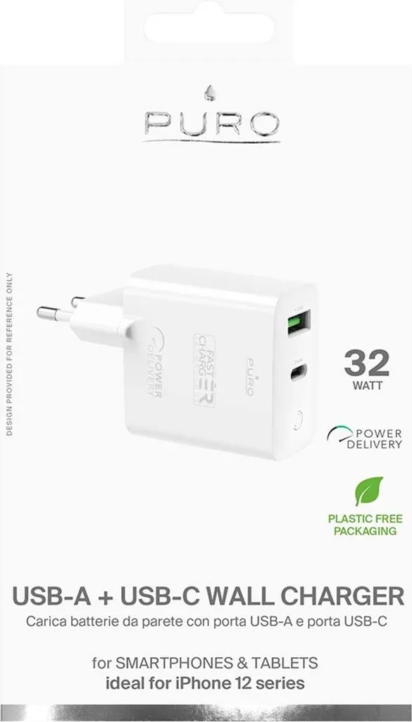 Chargeur rapide pour iPhone et Android 32W USB-C USB-A Puro Blanc - 6