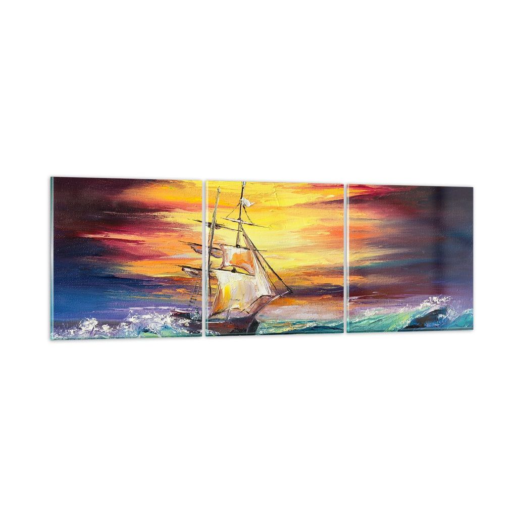 Bilder auf glas - Meer Welle Boot - 90x30cm - Glasbilder - Wandbilder - Bilder - Kunstdruck - zum Aufhängen bereit - Wanddekoration aus Glas - Gla...