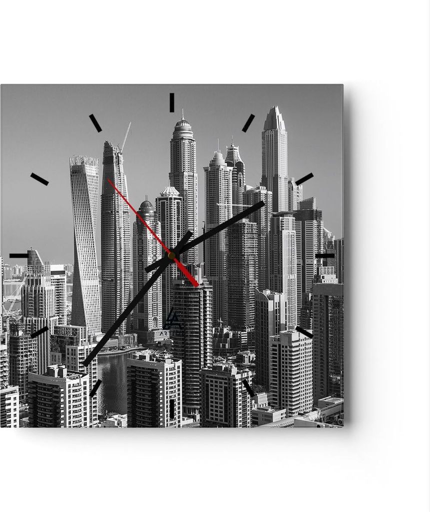 Wanduhr - Quadrat - Glasuhr - Wolkenkratzer Fotografie Dubai - 40x40cm - Schleichendes Uhrwerk - Lautlos - zum Aufhängen bereit - Dekoration Moder...