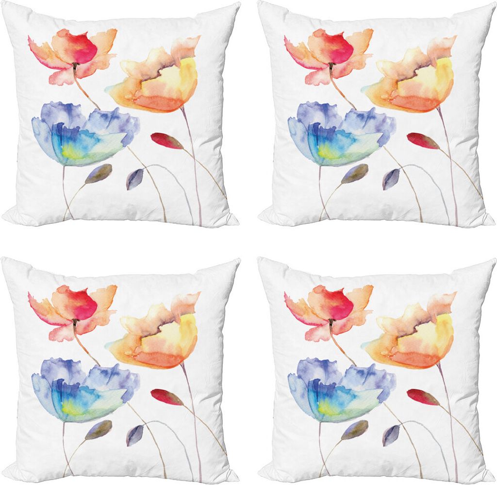 ABAKUHAUS Aquarell-Blumen Kissenbezug Set (4 Stück), Natur Blumen, Moderner Doppelseitiger Digitaldruck, 60 cm x 60 cm, Orange, Blau, Rot