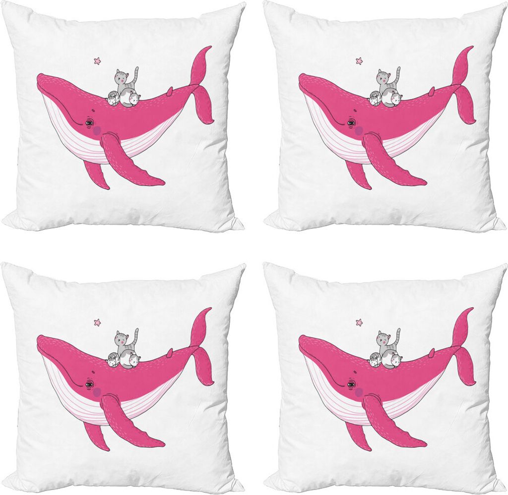 ABAKUHAUS Wal Kissenbezug Set (4 Stück), 3 Katzen Big Fish Magie, Moderner Doppelseitiger Digitaldruck, 40 cm x 40 cm, Rosa