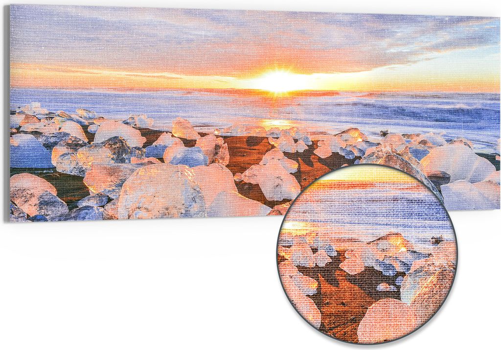 DEQORI Hybrid Leinwand Bild 150x60 cm 'Glühende Eisjuwelen' Wandbild Glas flach modern