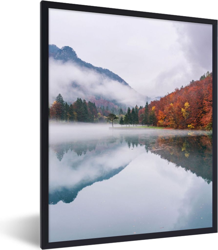 MuchoWow Gerahmtes Poster Herbst - Nebel - Wasser - Landschaft 60x80 cm - Poster mit Schwarzem Bilderrahmen Wandposter Rahmen Foto Bilder - Premi...
