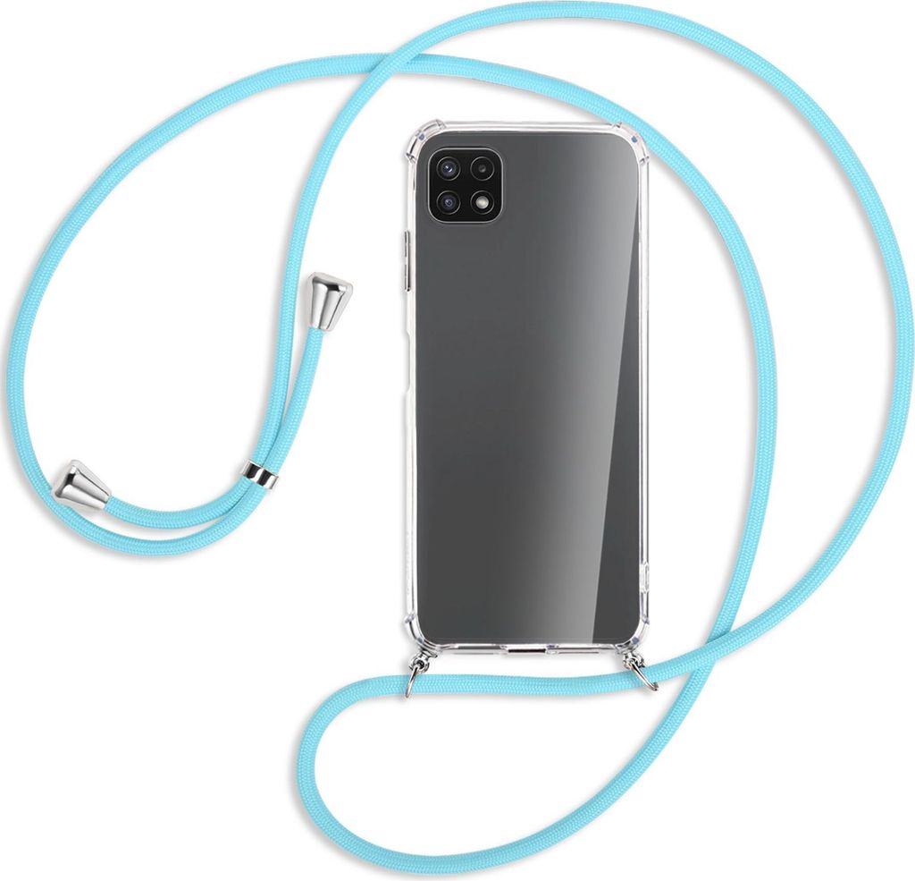 Handykette Backcover-Schutzhülle mit Band (Metall silberfarben) für Samsung Galaxy A22 5G (A226) - himmelblau