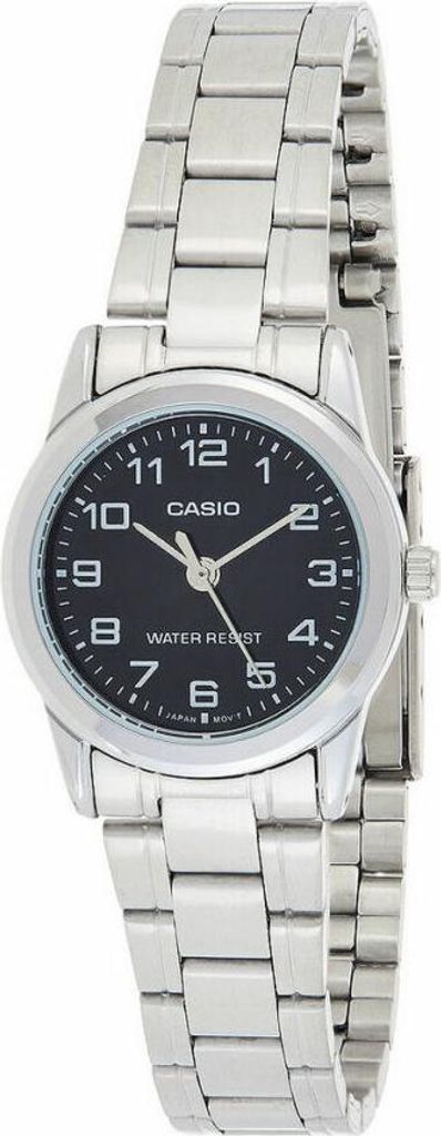 A close-up studio shot of a silver Casio watch with a black face.