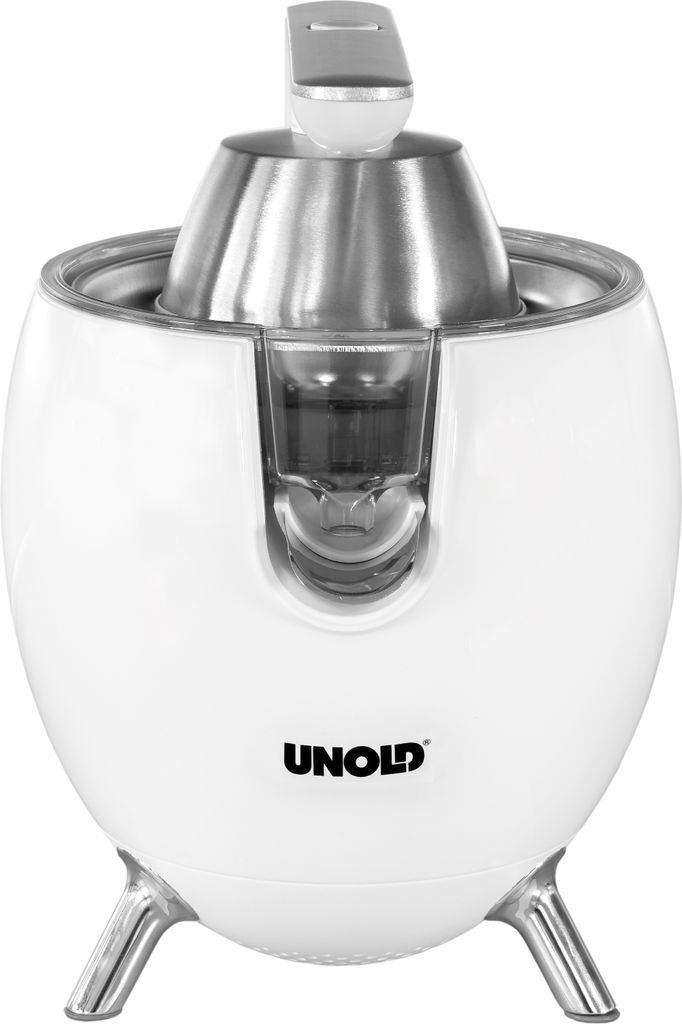 Die Unold ZITRUSPRESSE Power Juicy ist eine weiß-silberne elektrische Zitruspresse mit abgerundetem 