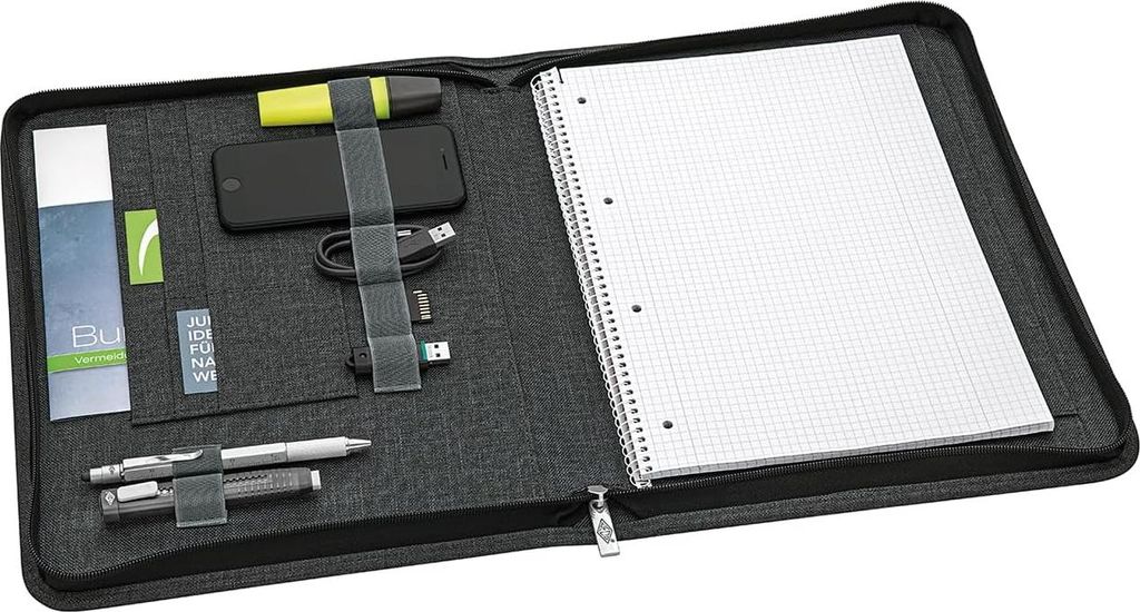 Schreibmappe A4 mit Reißverschluss, viele Fächer und Schlaufen - graues Polyester
