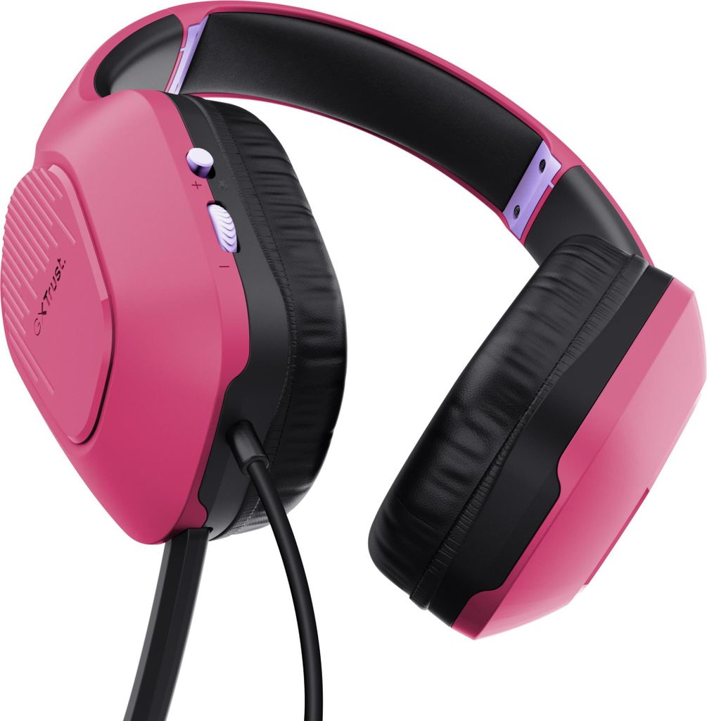 A pink gaming headset is shown against a white background.