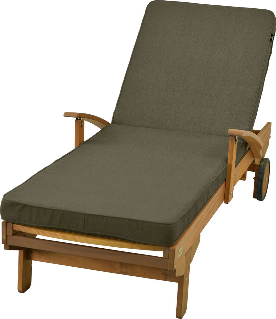 A wooden chaise lounge with a gray cushion, shown from a side angle against a white background.