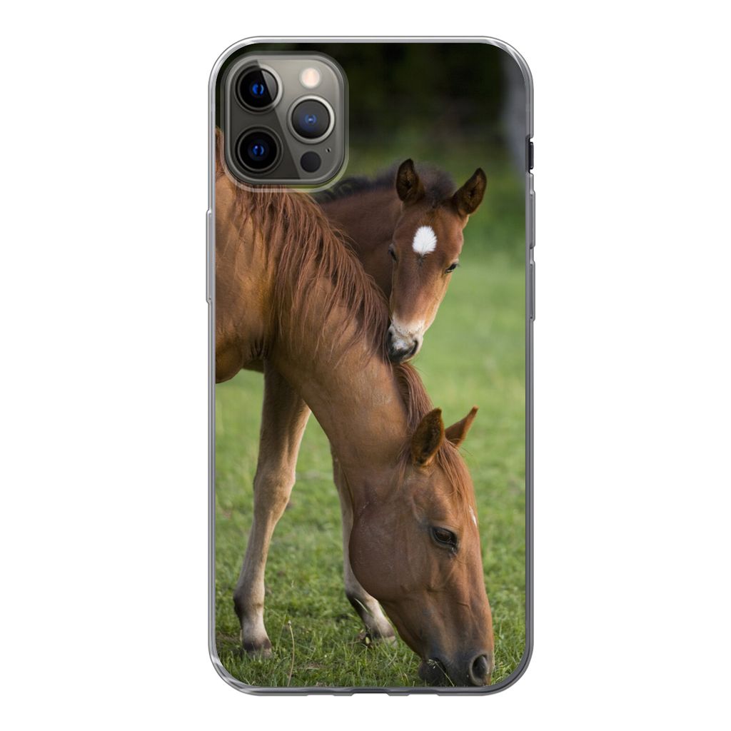 MuchoWow Handyhülle Schutzhülle Hülle für iPhone 12 Pro Max Pferde - Gras - Porträt Silikon Softcase Handy Hülle - Hartschale