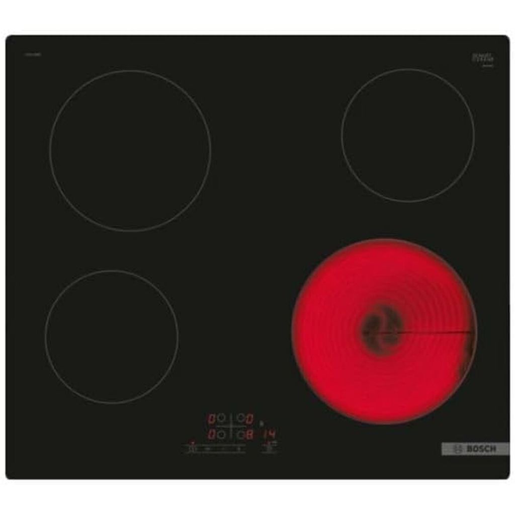 A black electric stovetop with four burners, one of which is glowing red.