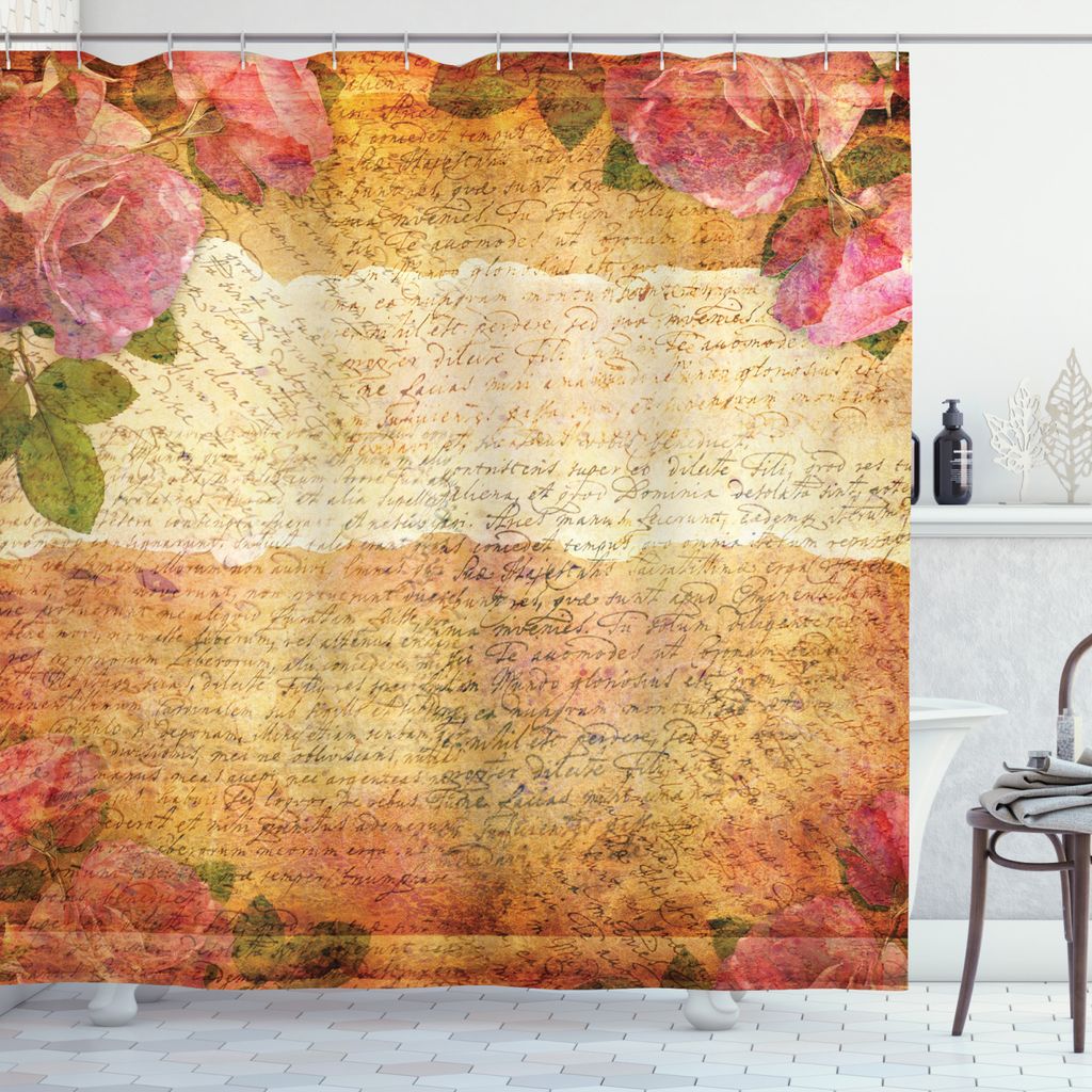 ABAKUHAUS Rose Duschvorhang, Floral Retro, Wasser Blickdicht inkl.12 Ringe Langhaltig Bakterie und Schimmel Resistent, 175 x 180 cm, Creme Pink