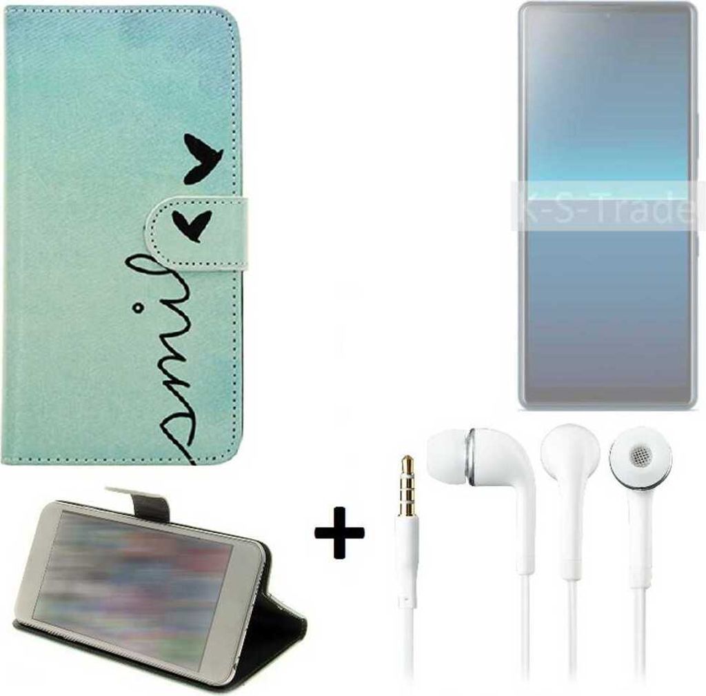 K-S-Trade Schutz Hülle Handy Hülle kompatibel mit Sony Xperia L4 360° Wallet Case Schutz Hülle ''smile'' inkl. Ohrstöpsel Smartphone cover