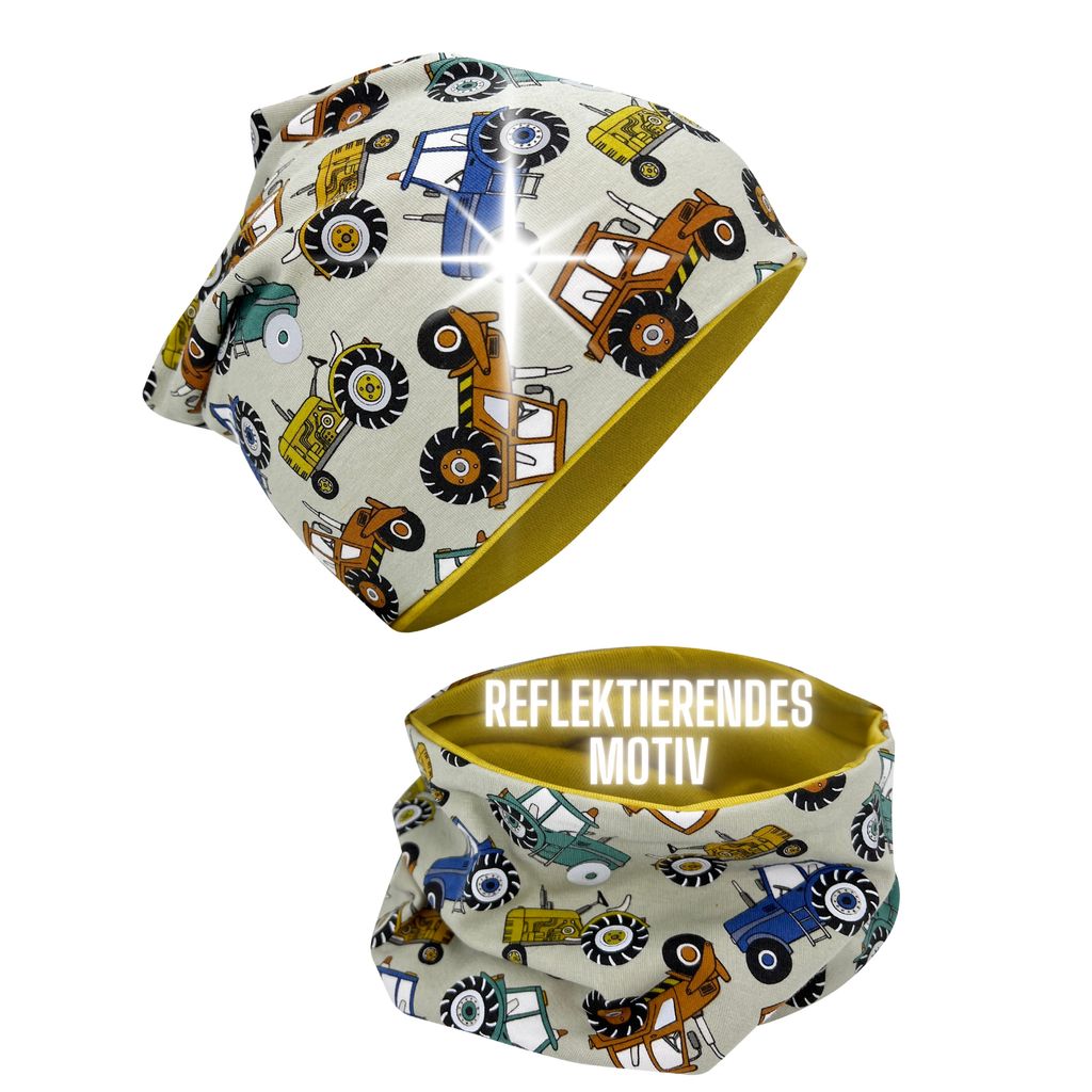 360° Reflektor Kinder Mütze & Loop Schal Set - Traktoren Traktor Bauernhof - Reflektoren an Felgen Reifen- 2-8 Jahre - 95% Baumwolle - weiches & ...