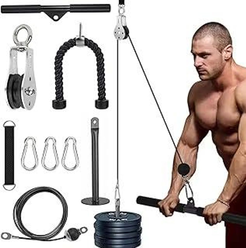Kabelzug Fitness,Latzug Fitness Pulley System mit Trizepsseil und Gerader Stange, DIY Rücken Arm Trainingsgerät Home Gym Workout Equipment