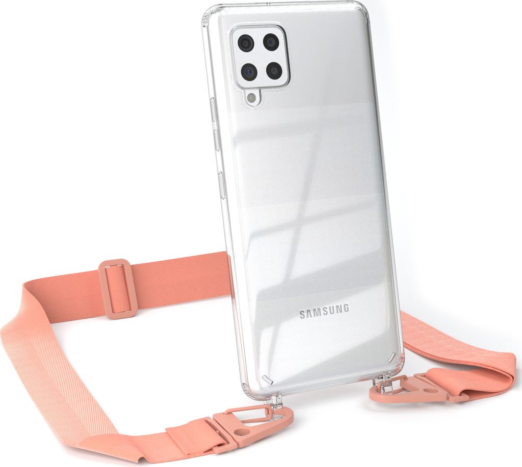 EAZY CASE - Hülle mit Band für Samsung Galaxy A42 5G, Handyhülle mit Umhängeband, Silikonhülle transparent, Handykette in Orange