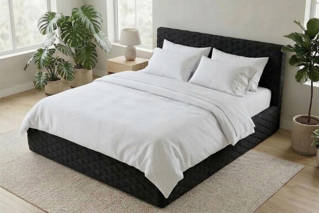 Komvortowy | Polsterbett 160x200 Cm | TRÄNEMUSTER | Doppelbett Mit Metall-Lattenrost & Gasdruckfeder | SCHWARZ | Bettkasten Ohne Bodenplatte | Sta...