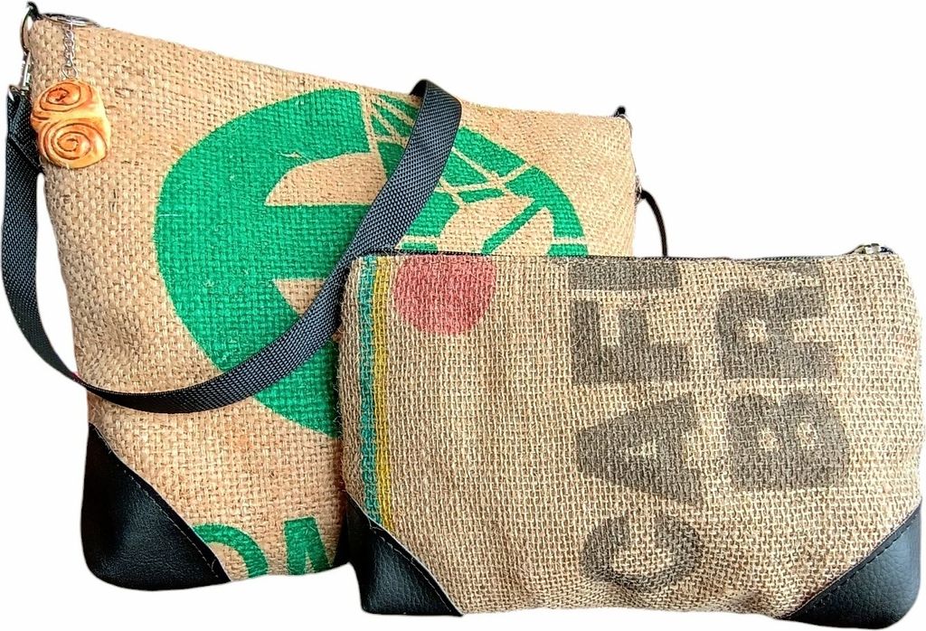 Van Der Elv-1 Umhängetasche + 1 Kulturtasche, Upcycling, Hamburger Kaffeesack, immer ein Unikat, Fair Trade, 100% Handarbeit, nachhaltig, vegan, u...