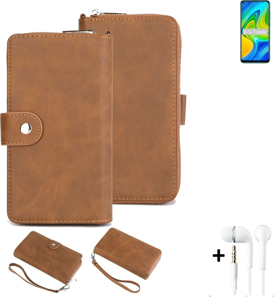 K-S-Trade Handy Schutz Hülle kompatibel mit Xiaomi Redmi 10X 4G + Kopfhörer Portemonnee Tasche Wallet-Case Bookstyle-Etui braun (1x)