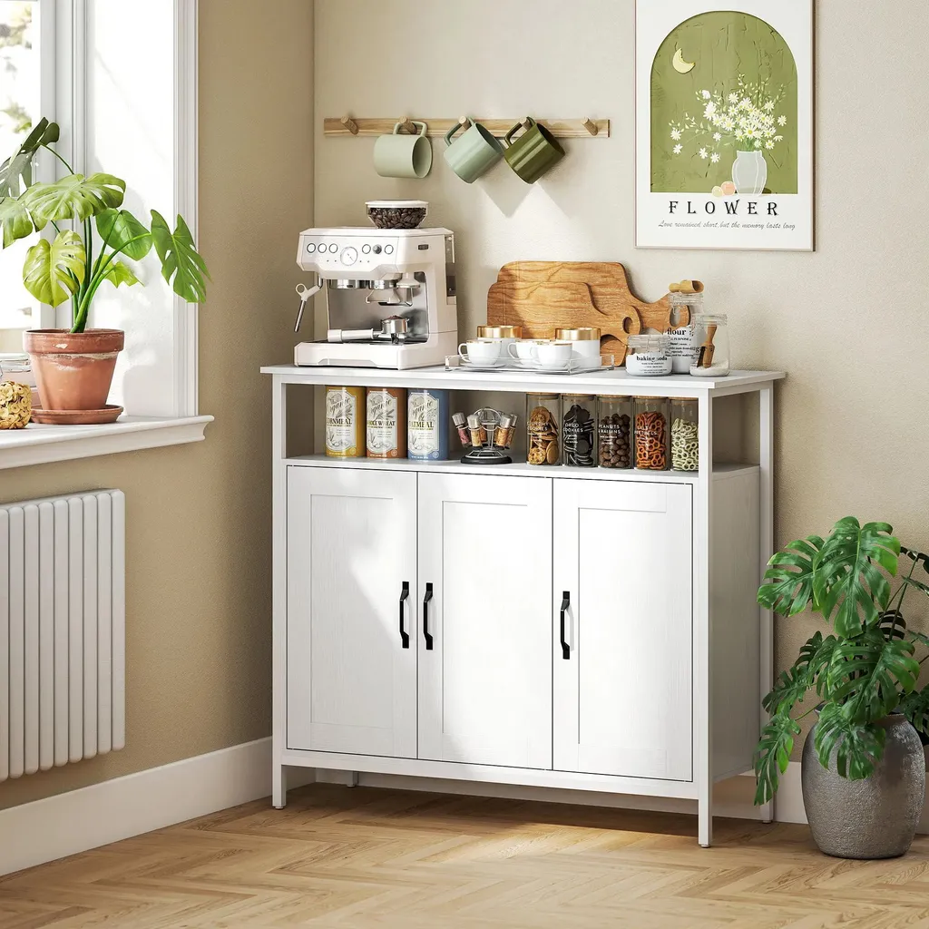 Buffet Blanc 100cm à 3 Portes et Compartiment Ouvert Style Moderne - 7