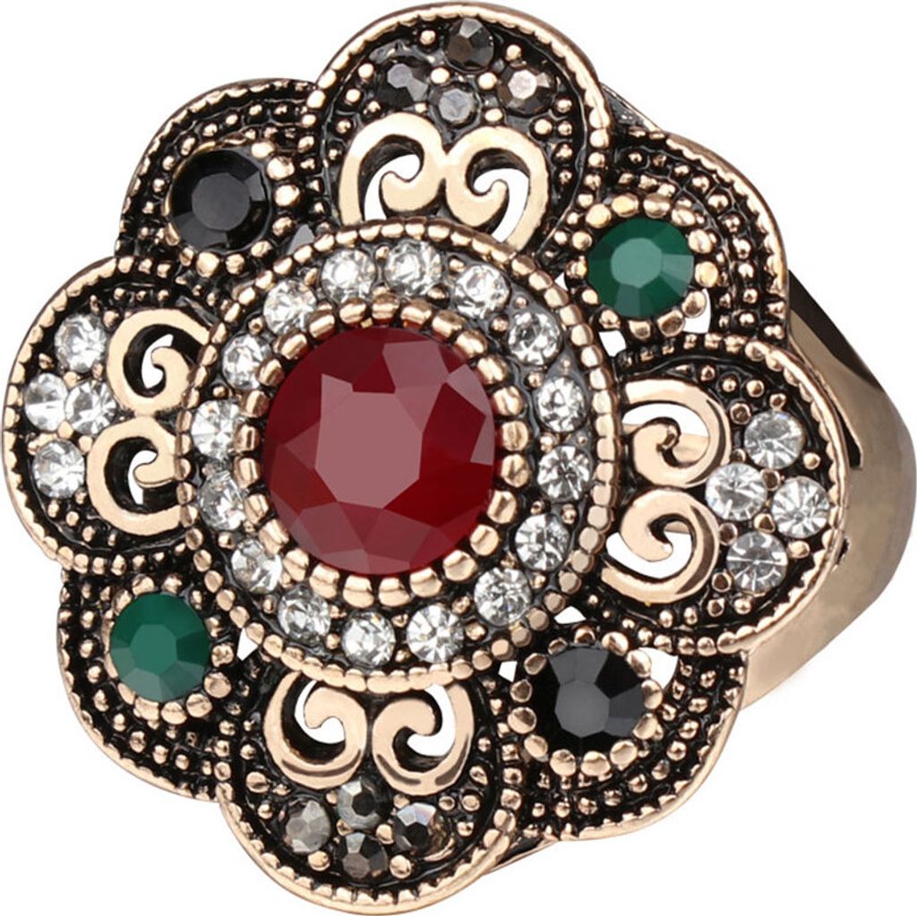 Vintage-Ring für Damen, hohl, Blumen-Strassstein, Statement-Ring, Schmuck, Party, Cocktail-Antikes Gold,US 9