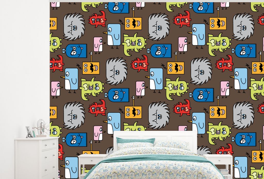 MuchoWow Fototapete für Wohnzimmer oder Schlafzimmer Wandtapete Vinyl Motivtapete Muster - Monster - Tiere - Kinder - Kinder - 275x220 cm - Gemu...