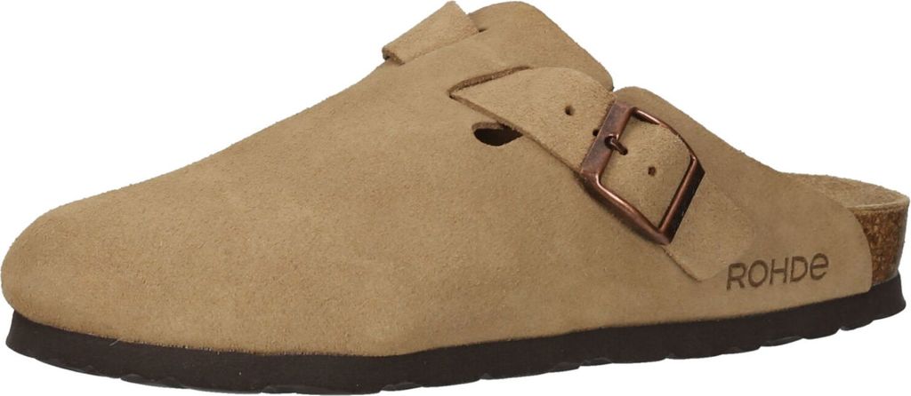 A single beige clog shoe is shown from a side-angle on a white background.