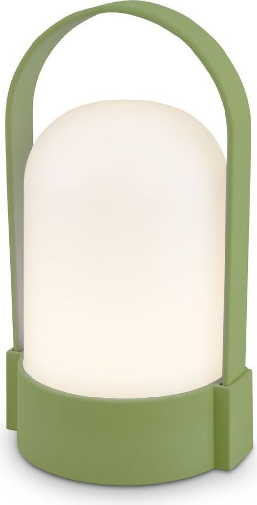 A green and white LED table lamp with a handle.