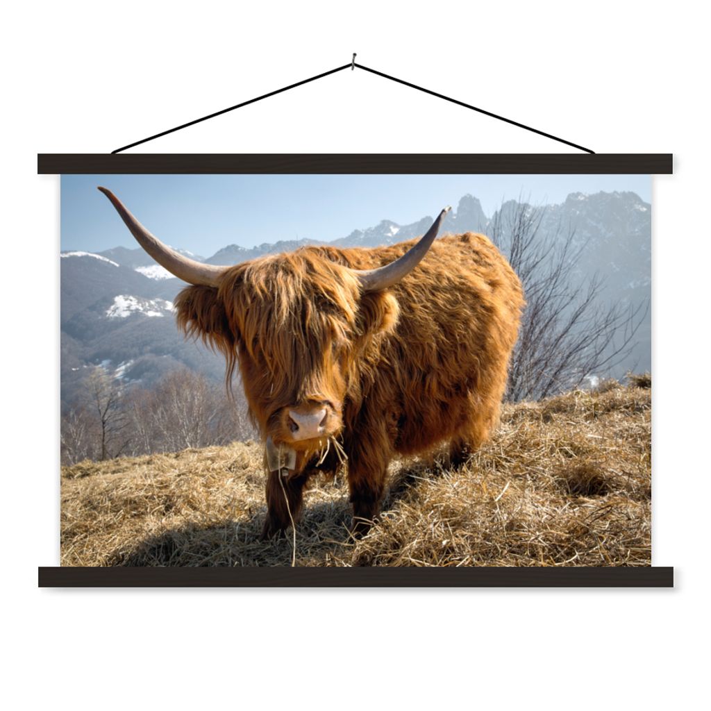 MuchoWow Textilposter Schottischer Highlander - Berg - Schnee 90x60 cm mit schwarzem Rahmen - Aufhängungssatz