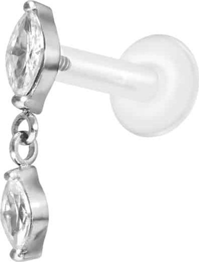 Ohrpiercing, Nasenpiercing PTFE Labret mit Innengewinde + Titan-Aufsatz 2 KRISTALLTROPFEN Silber Stablänge: 8mm | Stabstärke: 1,6mm