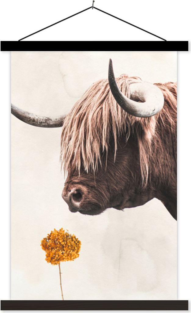 MuchoWow Textilposter Schottisches Hochlandrind - Blume - Vintage 60x90 cm mit schwarzem Rahmen - Poster Wohnzimmer