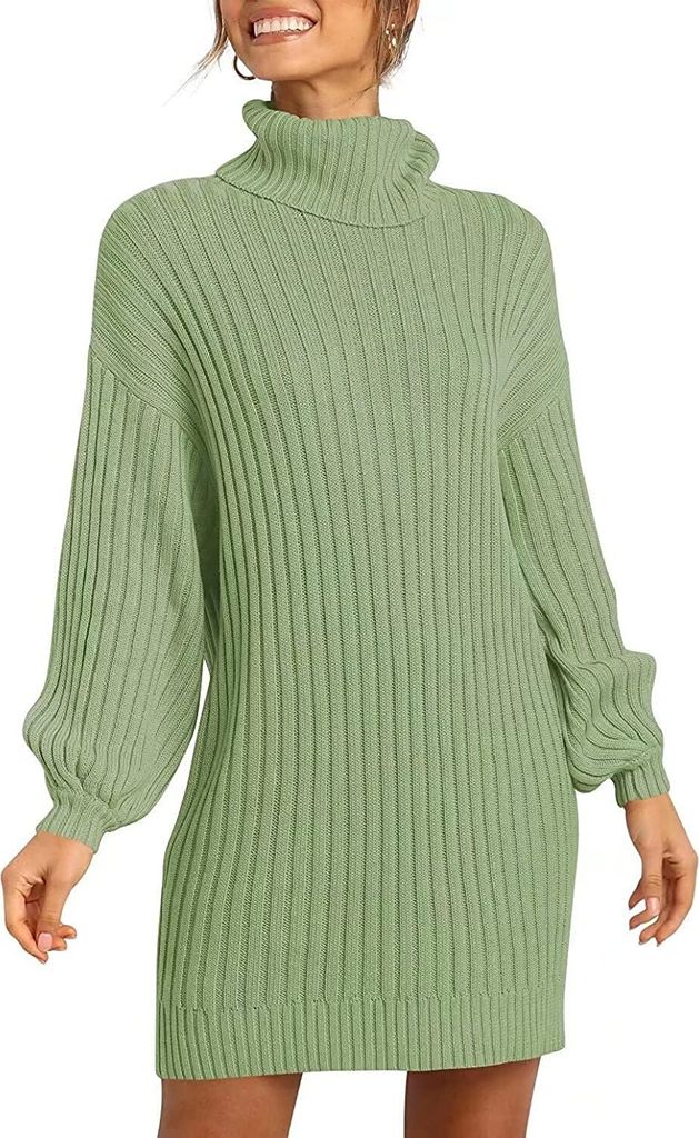 ASKSA Damen Rollkragen Pulloverkleid Einfarbig Laterne Ärmel Tunika Lange Winter Strickkleid, Grün, XL