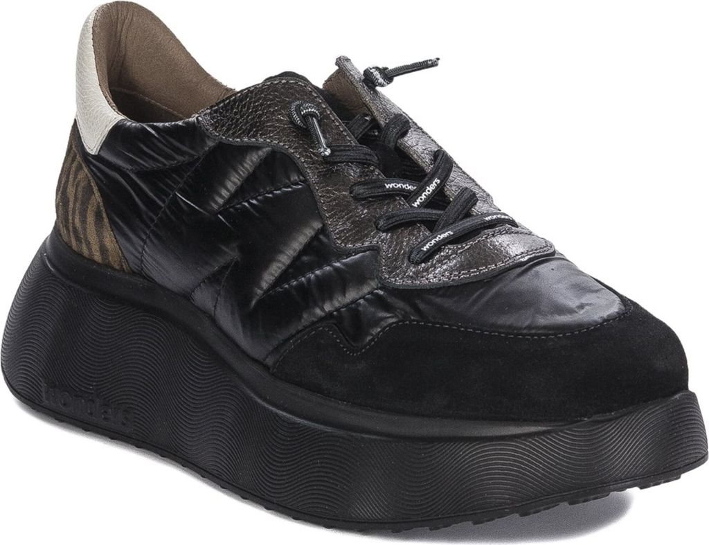 Wonders Damen Plateau-Sneaker A3610NEGRO, 3,5 cm Plattform, elastische Schnürsenkel, Schwarz/Blei