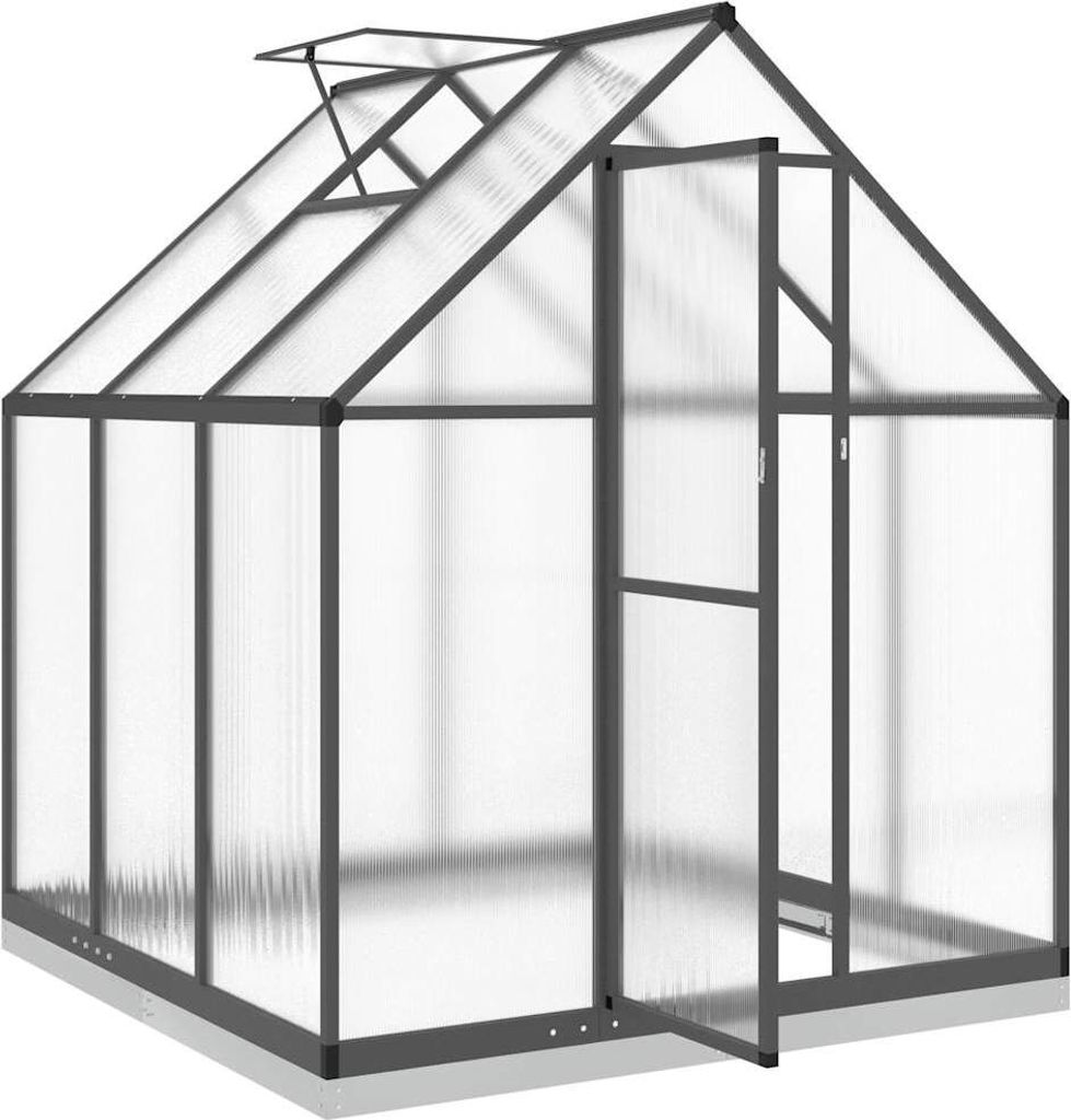 A greenhouse with a foundation frame, shown from the front with the door open.