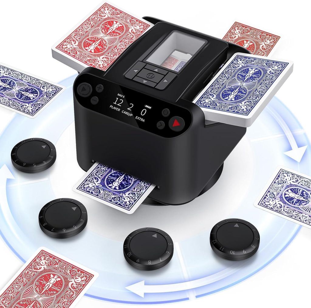 Kartenmischmaschine, 2 in 1 Automatische Kartenmischer und Kartensender, mit 4 Kabellosen Kartengebertasten, für UNO Kartenspiel,Poker,Skip bo