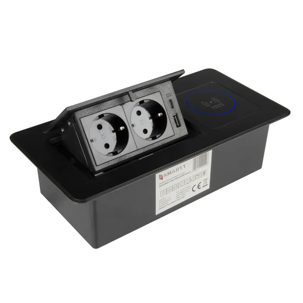 Prise encastrable plan de travail USB-C 20W et chargeur sans fil 15W Noir