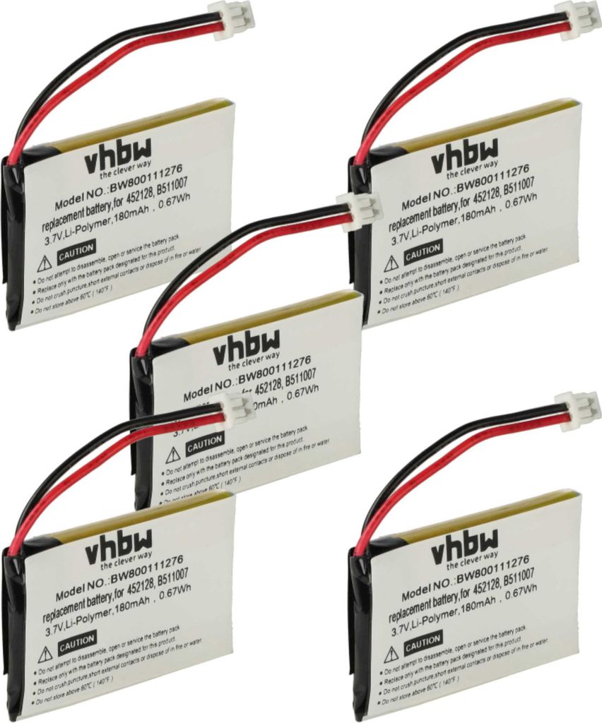 vhbw 5x Akku kompatibel mit Plantronics CS60 Wireless Headset Kopfhörer (180 mAh, 3,7 V, Li-Polymer)