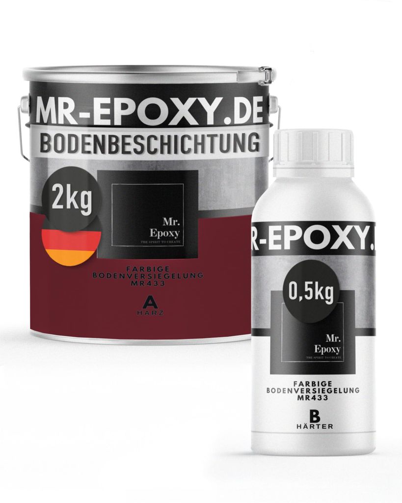 Mr. Epoxy Epoxidharz Bodenbeschichtung (2,5 kg, RAL 3005 Weinrot) - 2K Betonfarbe für Garagen, Keller & Werkstatt Boden - Flüssigkunststoff Epoxi...