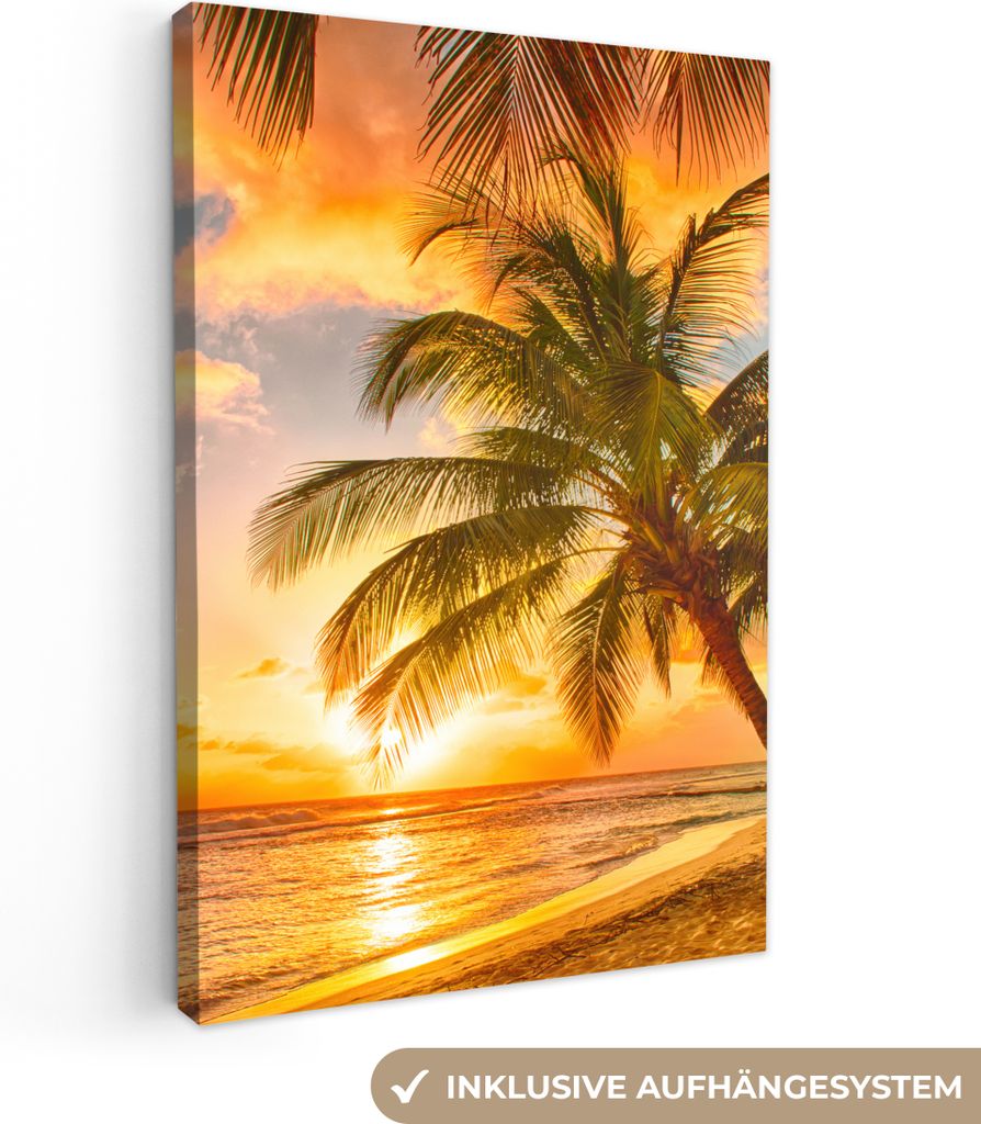 MuchoWow - Leinwandbilder - Sonnenuntergang - Palme - Wolken - Meer - Strand, Wandbild, Wanddeko Bilder Wohnzimmer, 40x60 cm