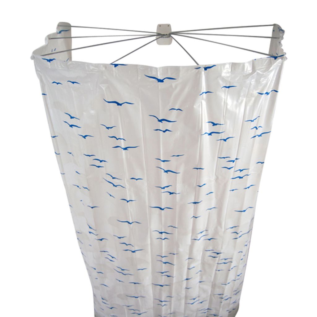 A shower curtain with a bird pattern hanging from a shower rod.