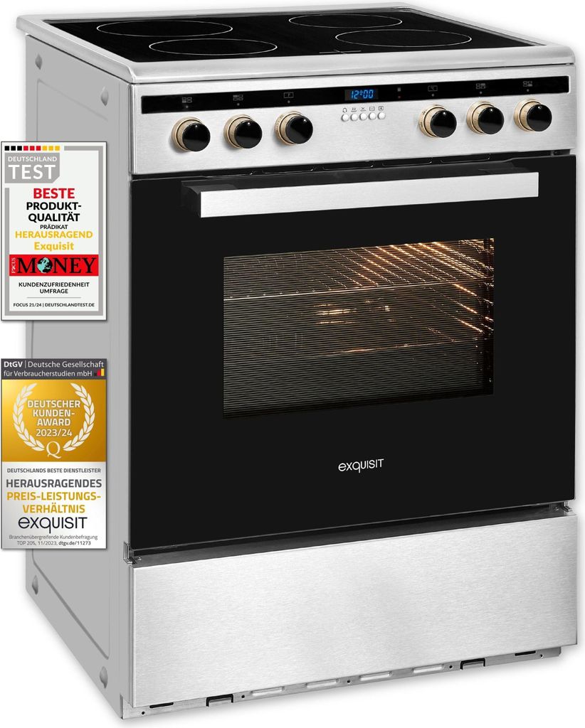 Exquisit Induktions-Standherd EHI 60-3.1 Inox | Energieeffizienzklasse A | 64,3 l Garraum | Glaskeramik Kochfeld | Induktions-Standherd 60 cm