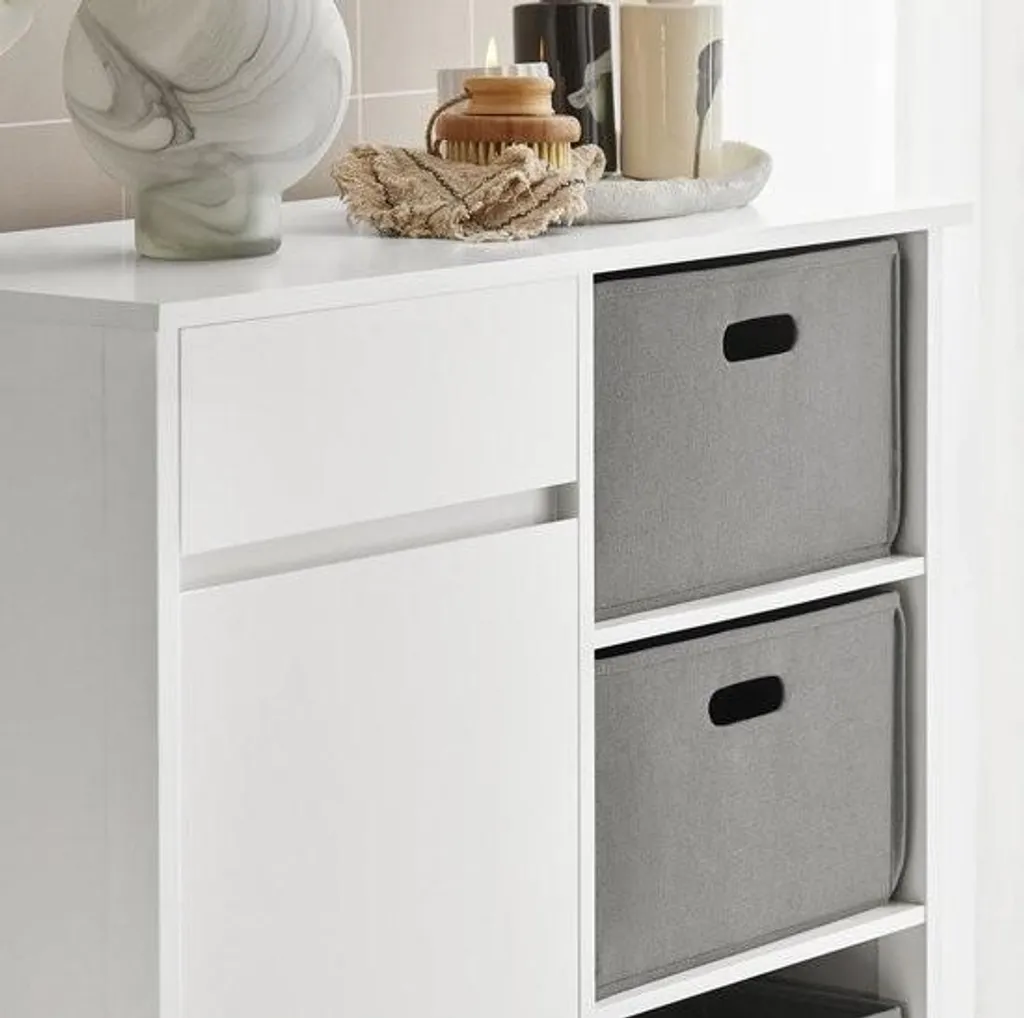 Mara Armoire de Salle de Bain avec Panier à Linge Basculant Gris et Blanc