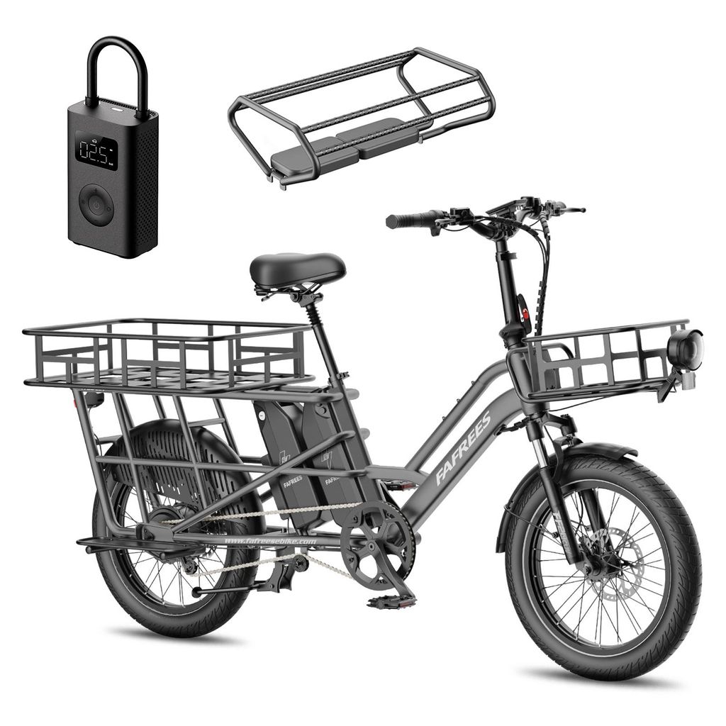 FAFREES FF20 CUV Familien-Longtail E-Cargo-Bike – Modulares E-Bike mit Dual-Akku & 200 kg Traglast +Mijia Luftpumpe +Frontkorb+Kindersitze+Gepäc...