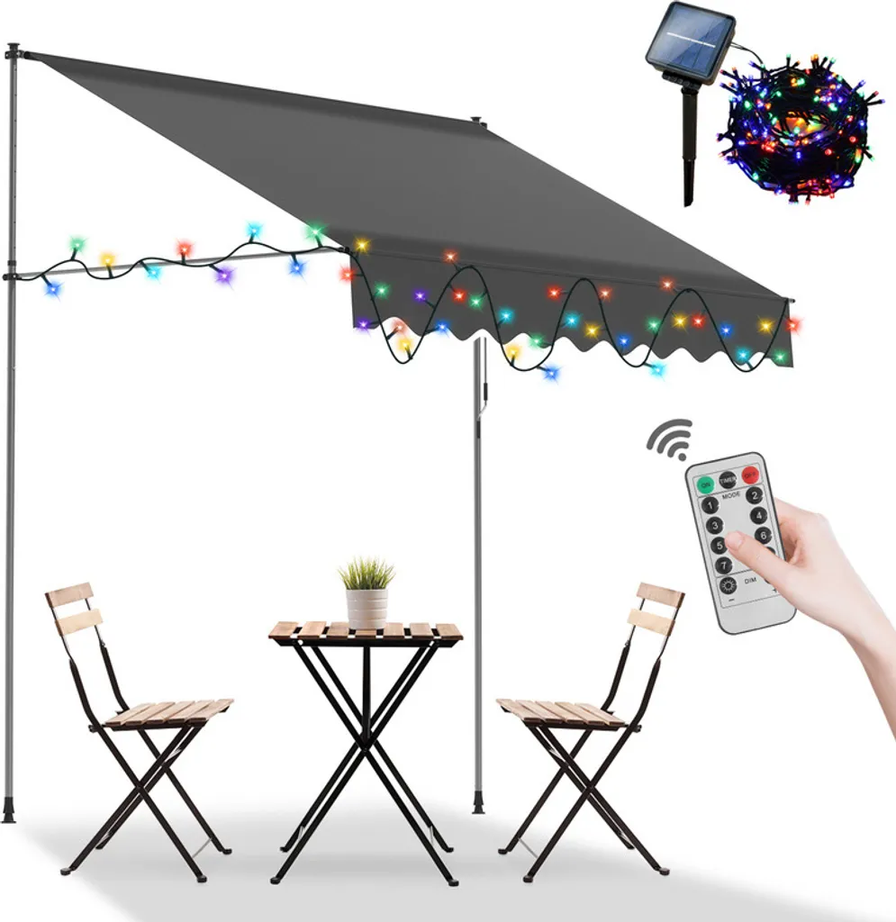 Fiqops LED tenda da balcone a braccio pieghevole tenda a pinza tenda da sole balcone 2,5M, monocolore grigio (con cavo solare)