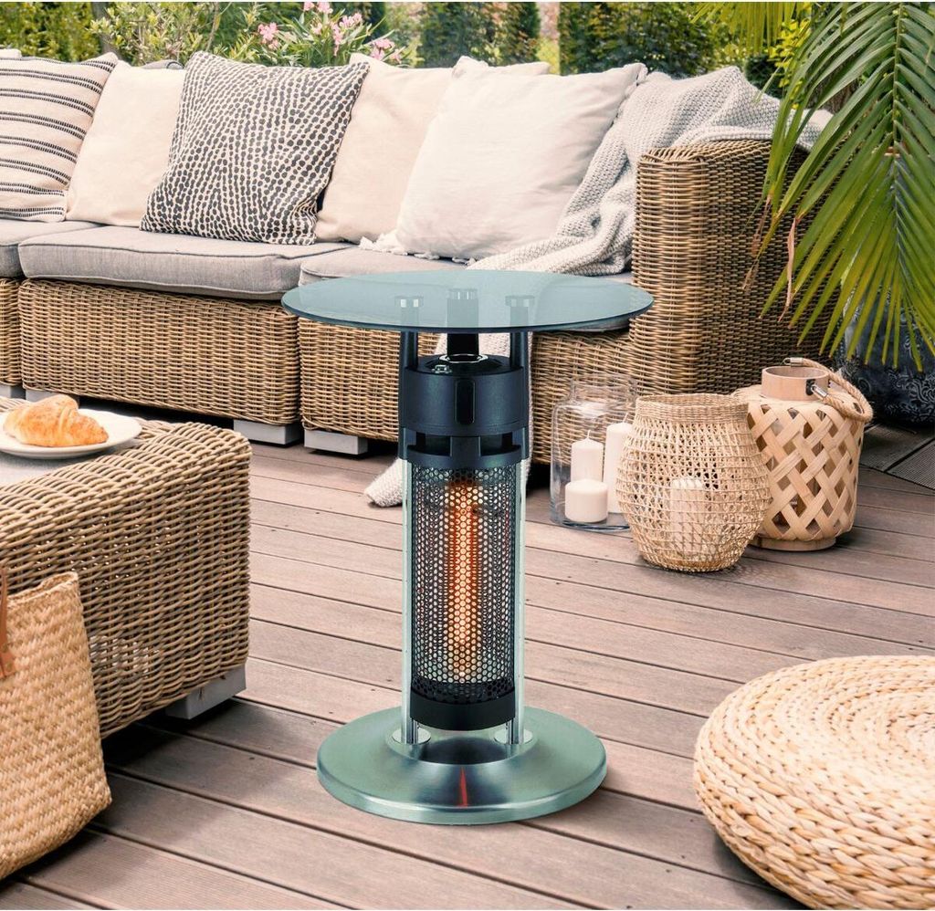 An outdoor patio scene with a heater table, seating, and decorative items.