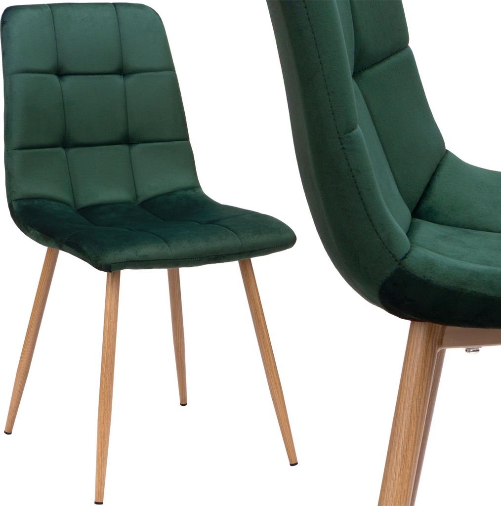 A dark green velvet chair is shown from the side and a close-up view of another chair is shown.