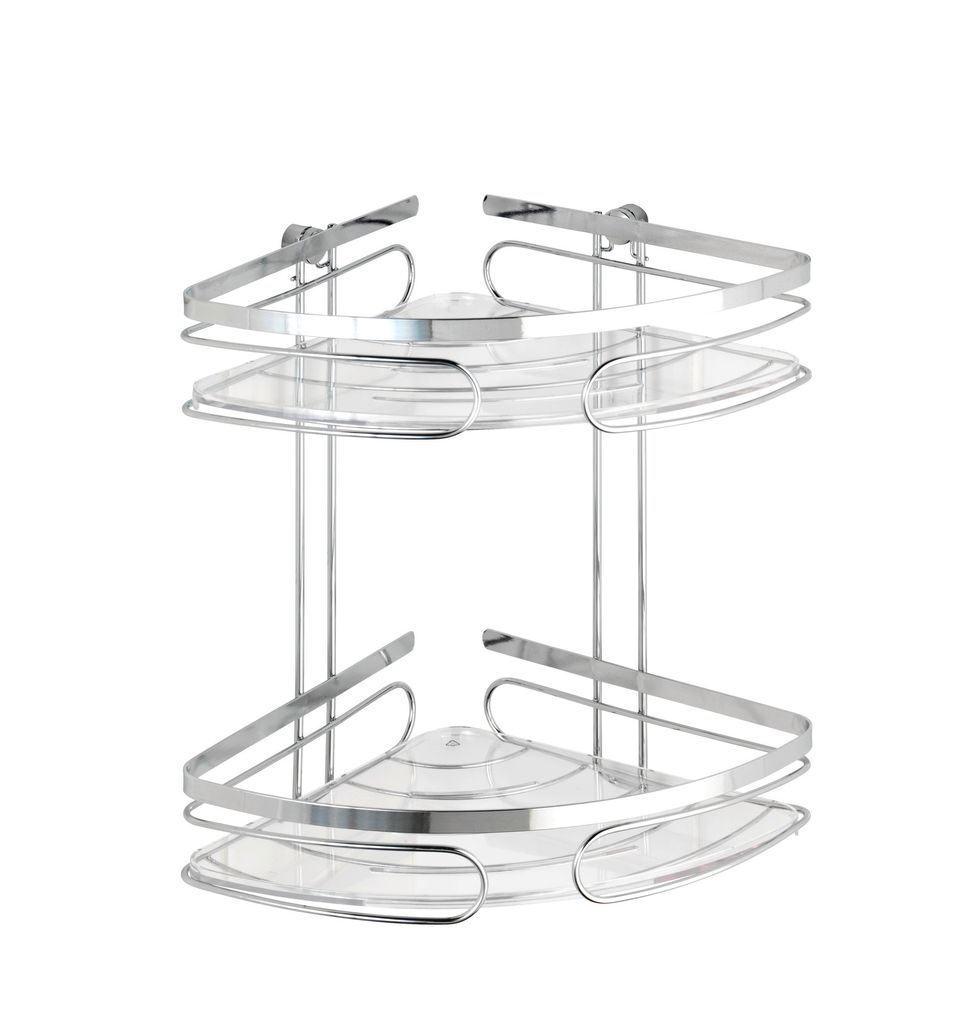A two-tiered chrome corner shelf for a shower or bathroom.