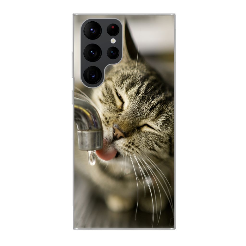 MuchoWow Handyhülle Schutzhülle Hülle für Samsung Galaxy S22 Ultra Katze - Wasserhahn - Getränk Silikon Softcase Handy Hülle - Abbildung